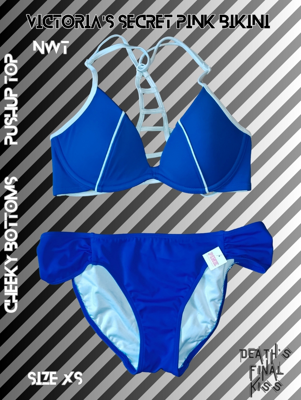 Victoria's Secret PINK Superman Royal Blue Caged Push Up Bikini Ruched Cheeky XS